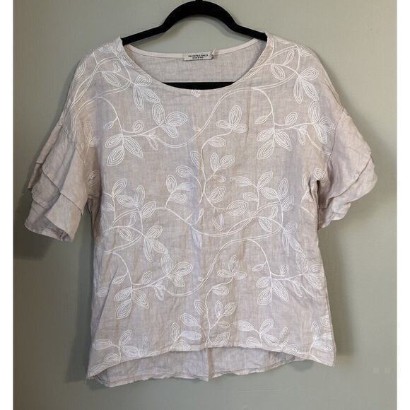 Valentina Naldi Beige Blouse Made Italy Ruffle Sleeve Floral Embroidered Small - Picture 1 of 16